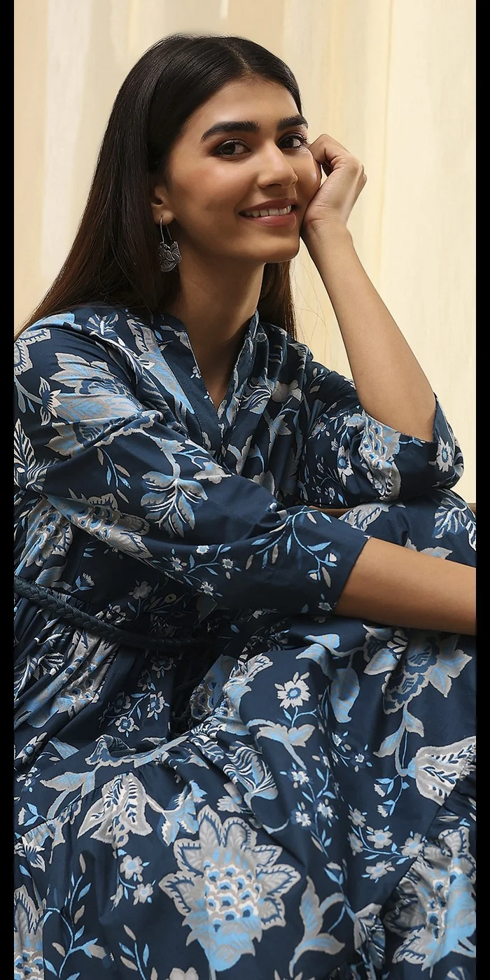 Biba Earthy Blue Cotton Floral Tiered Dress