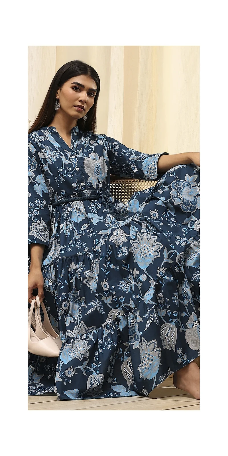 Earthy Blue Cotton Floral Tiered Dress