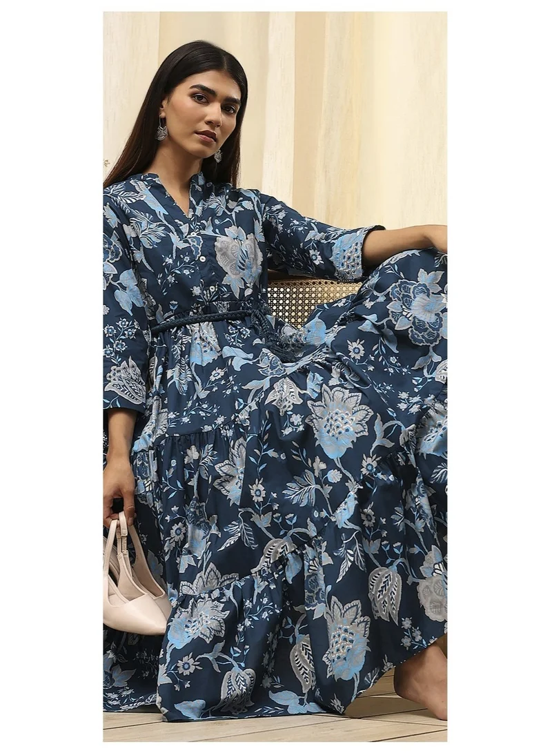 Biba Earthy Blue Cotton Floral Tiered Dress