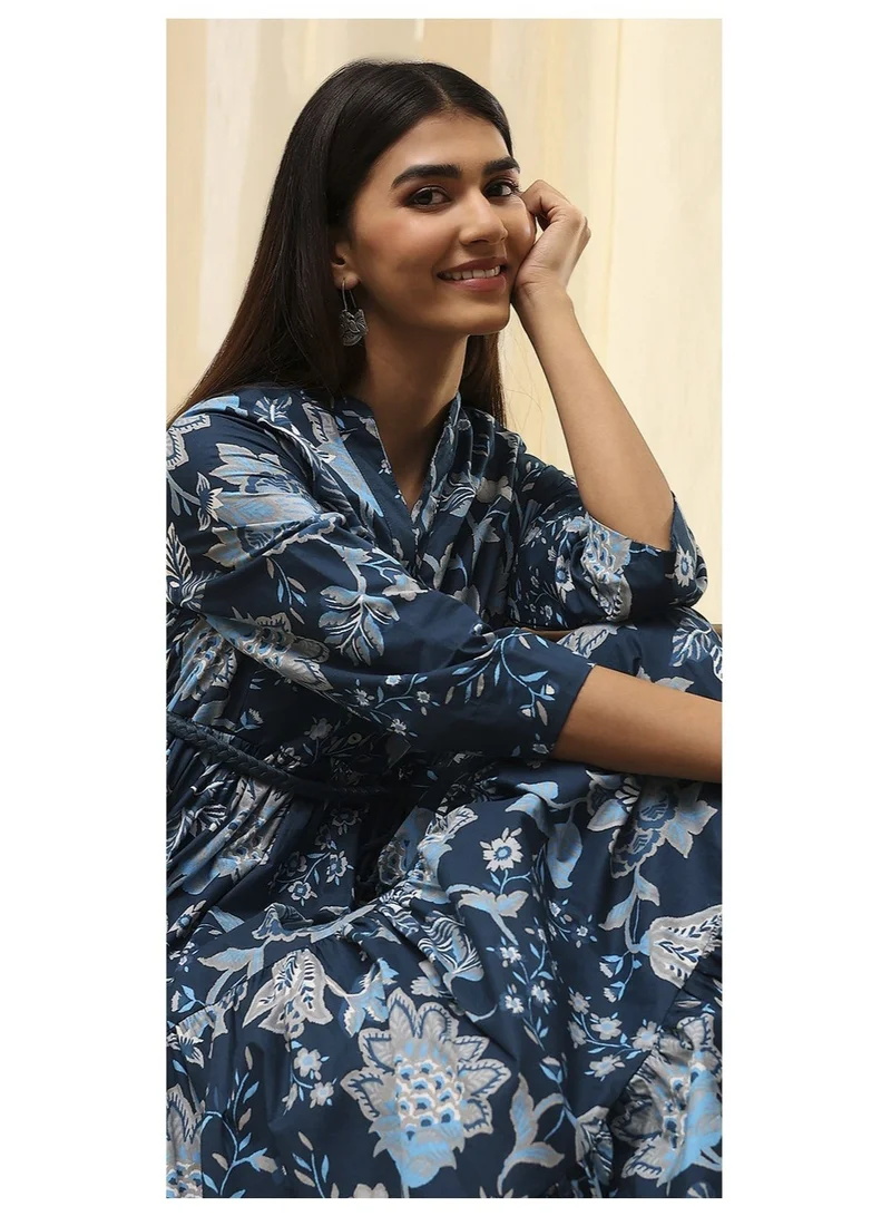 Biba Earthy Blue Cotton Floral Tiered Dress
