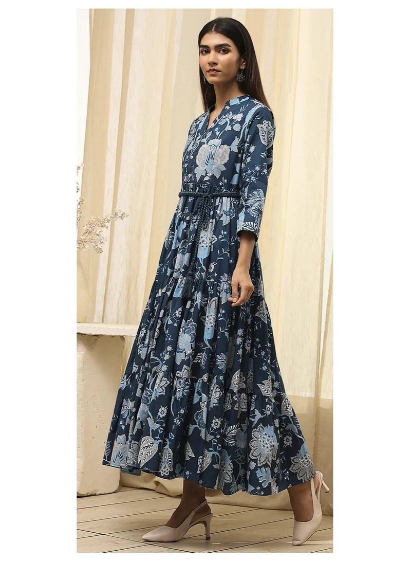 Biba  Earthy Blue Cotton Floral Tiered Dress for Women | Best Price UAE