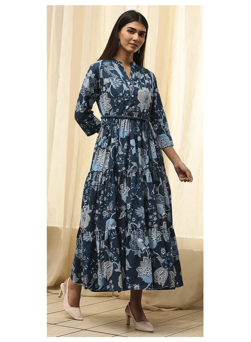 Biba  Earthy Blue Cotton Floral Tiered Dress for Women | Best Price UAE