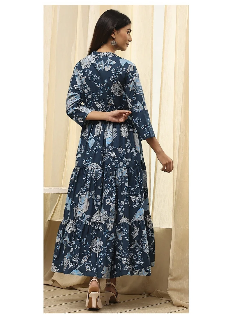 Biba  Earthy Blue Cotton Floral Tiered Dress for Women | Best Price UAE
