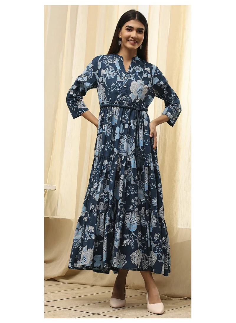 Biba  Earthy Blue Cotton Floral Tiered Dress for Women | Best Price UAE