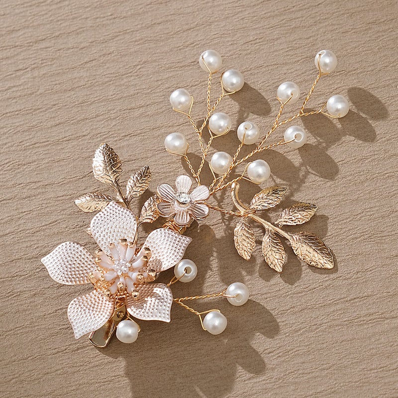 Generic Cross-border European and American Jewelry Handmade Flower Hairpin Oil Dropping Alloy Pearl Bridal Side Clip Wedding Dress Headwear Accessories Golden HS-J5570