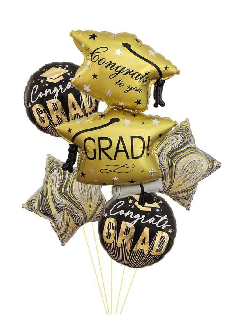 Graduation Party Balloon Set 6PCS Black and Gold Graduation Balloons with Star and Graduation Cap Design - Image 1