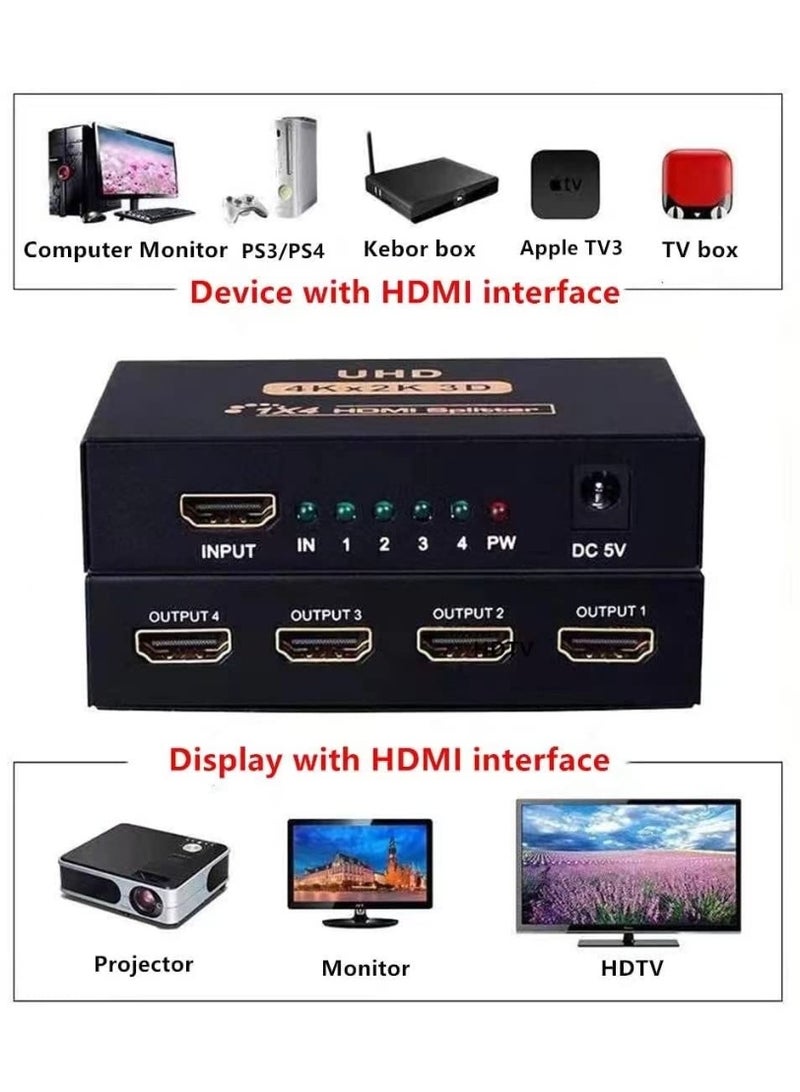 Chabeia HDMI Splitter 1 in 4 Out Full Ultra HD 4K 3D HDMI Splitter 1X4 Way Box Hub 1080P Distributor Cable for PS3/4 Fire Stick Xbox HDTV DVD Player Monitor Projectors - Image 2