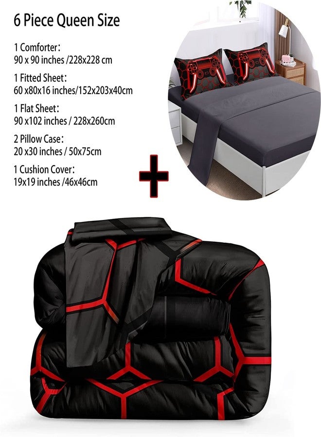 BDUCOK 6 Piece Gamer Comforter Sets Bed in A Bag for Boys Teen Kids,Honeycomb Gaming Bedding Sets Gamepad Comforter Microfiber Bed Set for All Season Gamer Home Decor(red, 6 Piece Sets30023-Queen) - Image 3