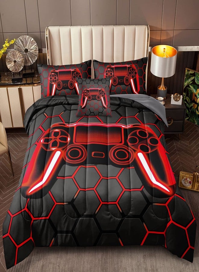 BDUCOK 6 Piece Gamer Comforter Sets Bed in A Bag for Boys Teen Kids,Honeycomb Gaming Bedding Sets Gamepad Comforter Microfiber Bed Set for All Season Gamer Home Decor(red, 6 Piece Sets30023-Queen) - Image 2
