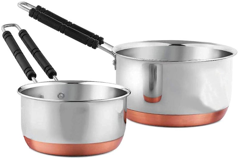 Liolis Stainless Steel Copper Bottom Saucepan Induction Base Saucepan Tea Coffee Pan Milk Pan Tapeli Patila Sauce Pot Cookware with Handle Combo Set of 2 1 LTR 22 LTR