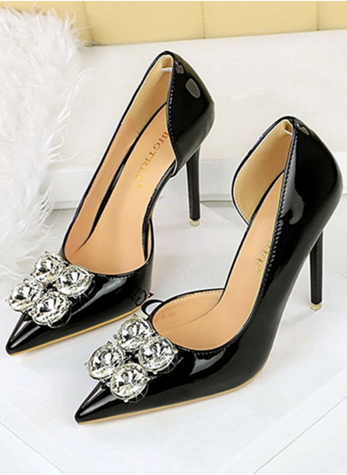 BIGTREE Women's Closed Pointed Toe Stiletto Pump Rhinestone Decoration High Heels Black 10.5 CM  - Image 1