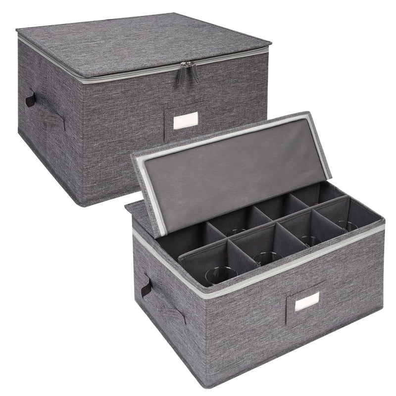 popoly Stemware Storage Containers (2 pack), Wine Glass Storage Box with Dividers for Glassware or Crystal, Holds 12 Red or White Wine Glasses, Hard Top and Stackable (Grey) - Image 1