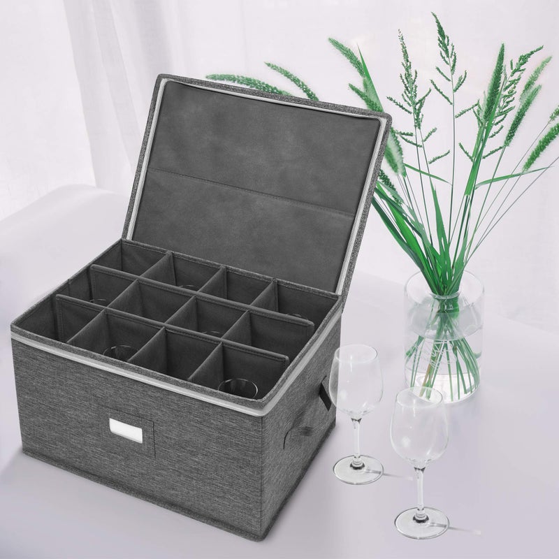 popoly Stemware Storage Containers (2 pack), Wine Glass Storage Box with Dividers for Glassware or Crystal, Holds 12 Red or White Wine Glasses, Hard Top and Stackable (Grey) - Image 2