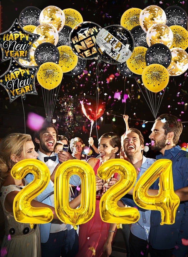 GROIC طقم بالونات ذهبية سوداء 43 قطعة من لوازم حفلات رأس السنة الجديدة 2024، لوازم الحفلات مع لافتة خلفية لرأس السنة الجديدة 2024 وديكورات حفلات رأس السنة الجديدة - Image 5