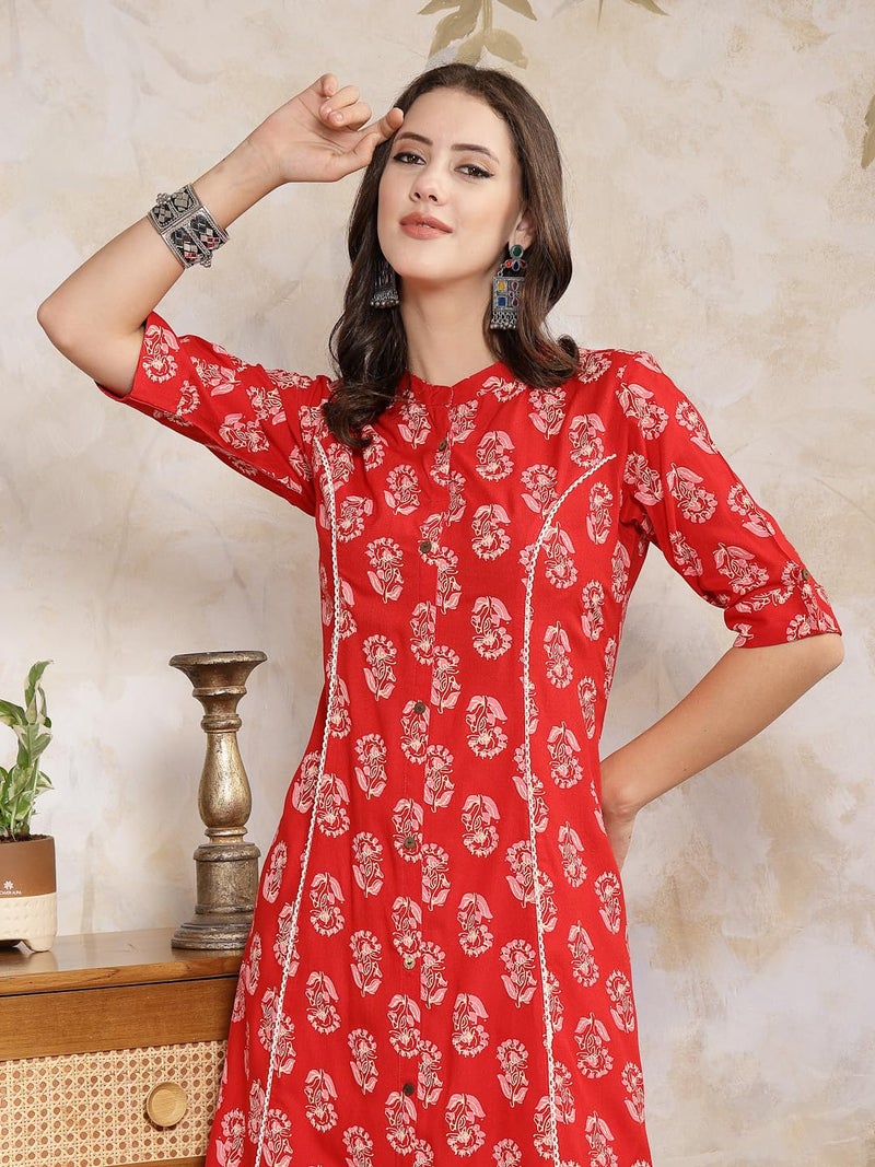 Stylum Women's Floral Printed Rayon A-Line Kurta Red - Image 5