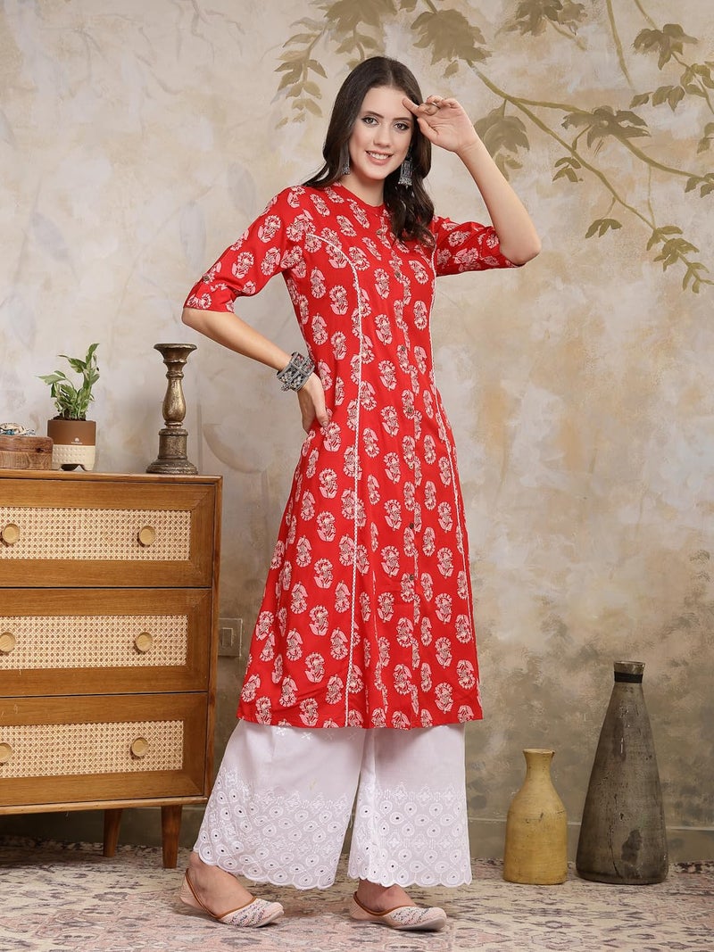 Stylum Women's Floral Printed Rayon A-Line Kurta Red - Image 3
