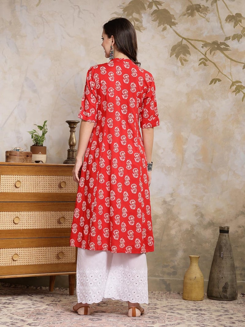 Stylum Women's Floral Printed Rayon A-Line Kurta Red - Image 2