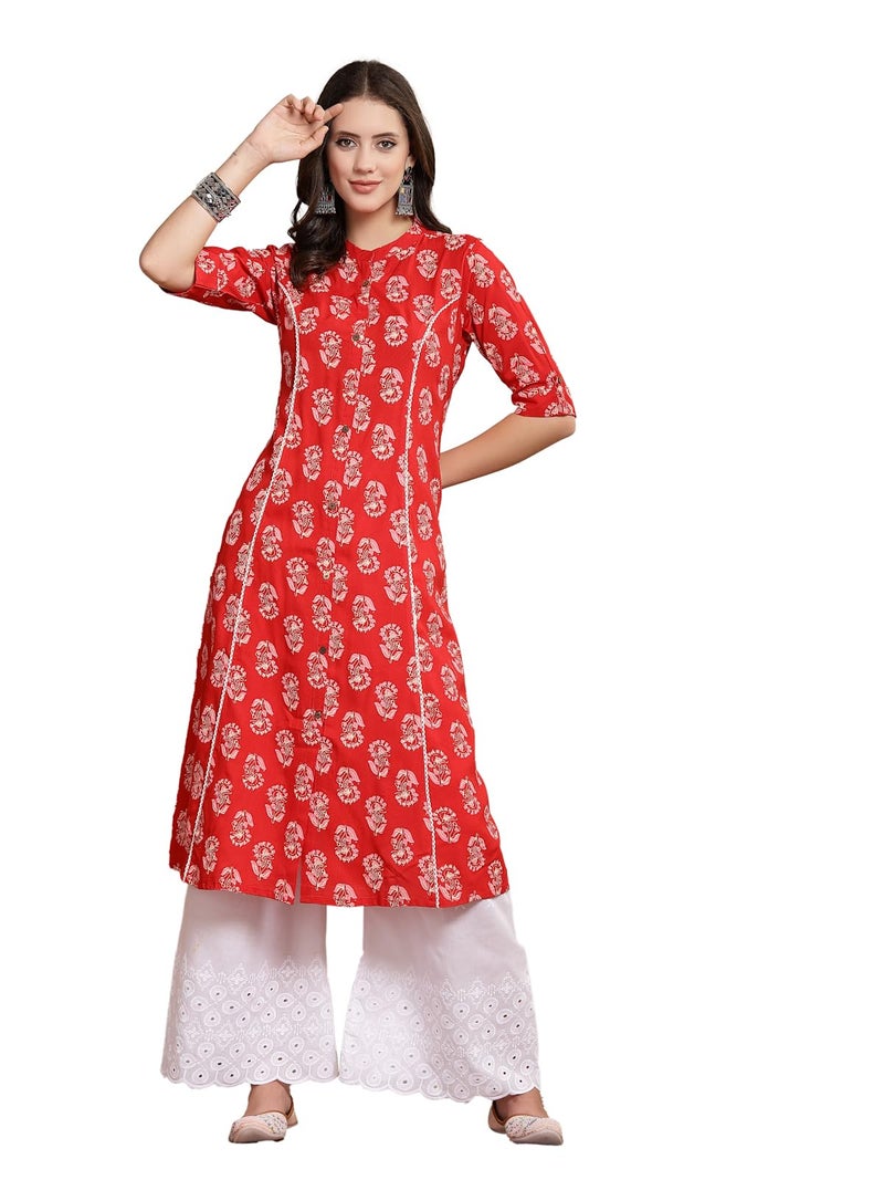 Stylum Women's Floral Printed Rayon A-Line Kurta Red - Image 1