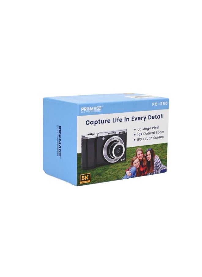 PROMAGE PC250 Black 5K Digital Camera - 56MP UHD with 10X Optical Zoom, 2.8" IPS Touch Screen, 512GB Support & Solibag Carry Case | Advanced Vlogging Camcorder