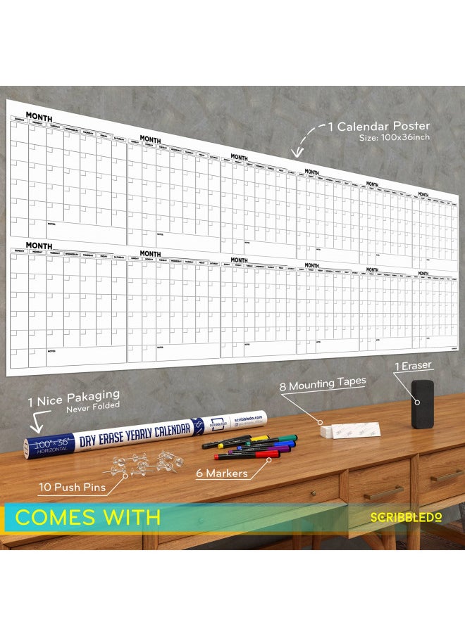 Scribbledo Extra Large 100"x36" White Board Calendar Dry Erase Calendar for Wall 12 Month Planner Big Dry Erase Wall Calendar 2023 Monthly Large Wall Calendar Includes 6 Markers Eraser Push Pins & Mounting Tape  - Image 1
