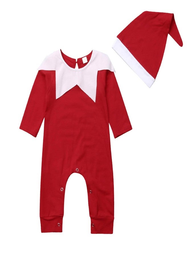 RWYBEIW My First Christmas Outfit Newborn Baby Girl Xmas Elf Costumes Long Sleeve Santa Claus Jumpsuit Romper with Hat Set (Red, 0-6 Months) - Image 1