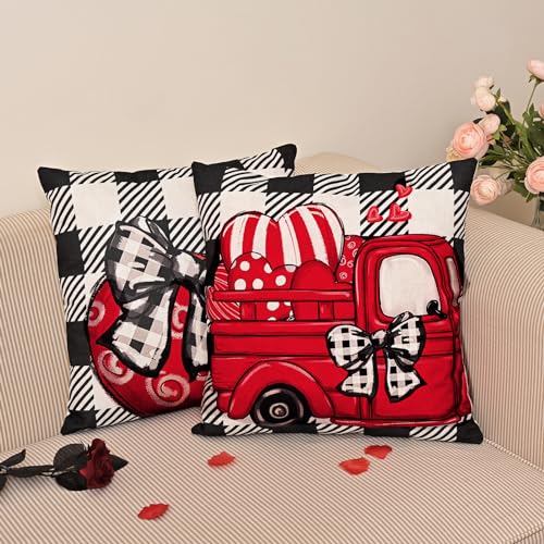 Hongsome Valentines Day Decorations-Throw Pillow Covers 18x18 in set of 4,Valentine Linen Pillow Case with Red Buffalo Plaid Heart Love Truck for Large Couch Sofa Home Inside Outside Holiday Party Decor - Image 4