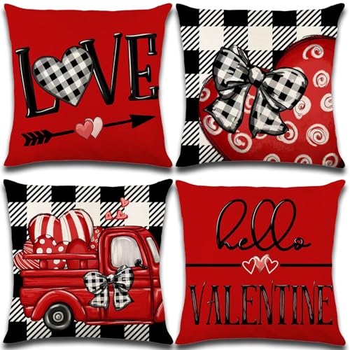 Hongsome Valentines Day Decorations-Throw Pillow Covers 18x18 in set of 4,Valentine Linen Pillow Case with Red Buffalo Plaid Heart Love Truck for Large Couch Sofa Home Inside Outside Holiday Party Decor - Image 1