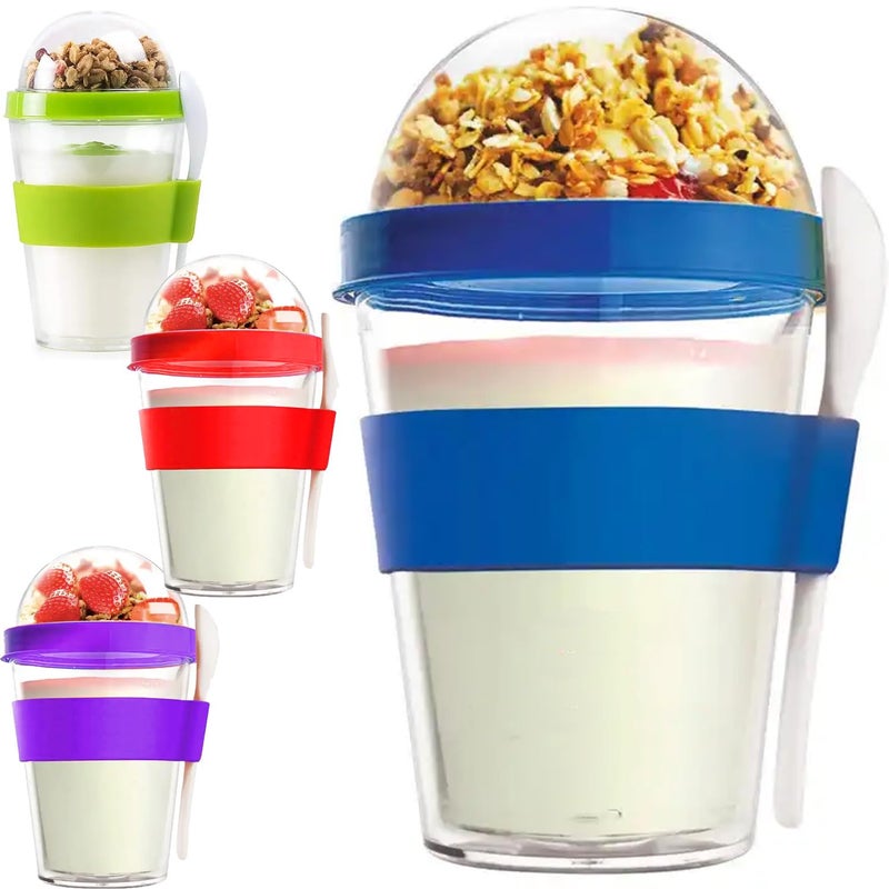 بريميفي برطمان الشوفان بين عشية وضحاها 4 قطع أكواب بارفيه مزدوجة الجدار مع أغطية ملعقة 450 مل 15 أونصة لكل كوب زبادفطور أثناء التنقل حاويات بلاستيكية قابلة لإعادة الاستخدام جرة الحليب دقيق الشوفوفأكواب عصير