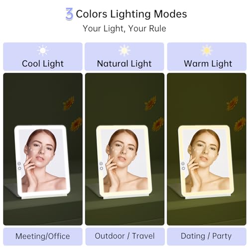 FUNTOUCH 1800mAh Rechargeable Large Travel Makeup Mirror with Lights, 10x7.5 Portable Lighted Makeup Mirror with 3 Color Lights, Dimming Folding Light Up Travel Mirrors with 10X Magnifying Mirror - Image 5