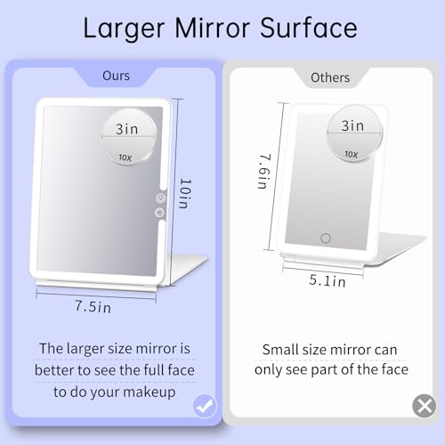 FUNTOUCH 1800mAh Rechargeable Large Travel Makeup Mirror with Lights, 10x7.5 Portable Lighted Makeup Mirror with 3 Color Lights, Dimming Folding Light Up Travel Mirrors with 10X Magnifying Mirror - Image 3