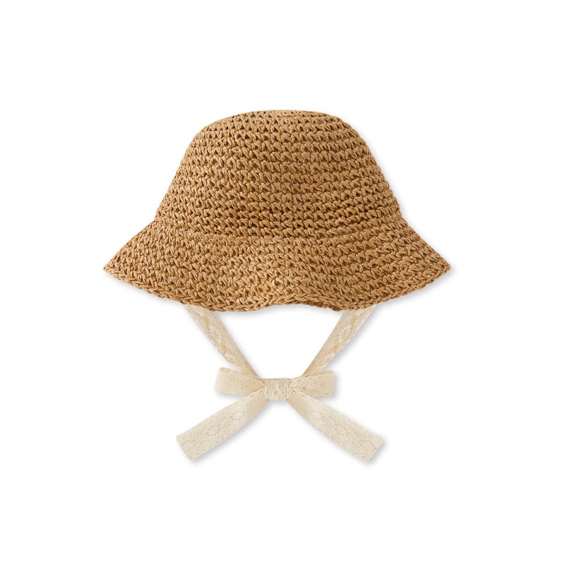 pureborn Baby Girls Straw Sun Hat Wide Brims Bucket Hat Sun Protection with Straps for Infant Girls 6-24 Months Brown - Image 1