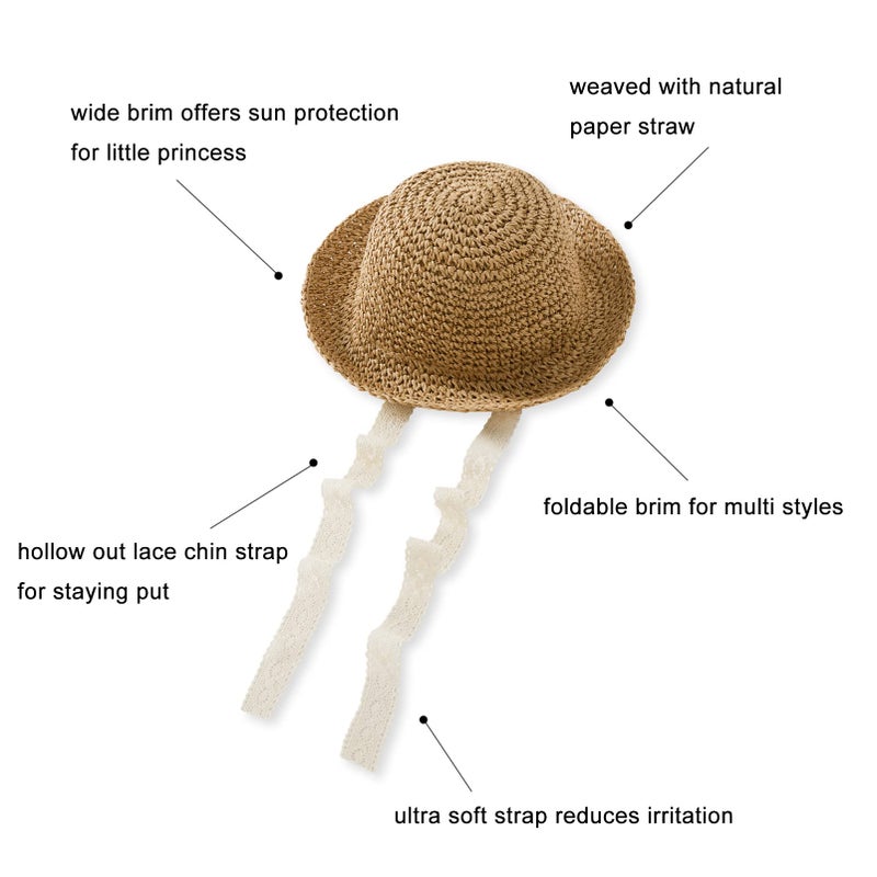 pureborn Baby Girls Straw Sun Hat Wide Brims Bucket Hat Sun Protection with Straps for Infant Girls 6-24 Months Brown - Image 4