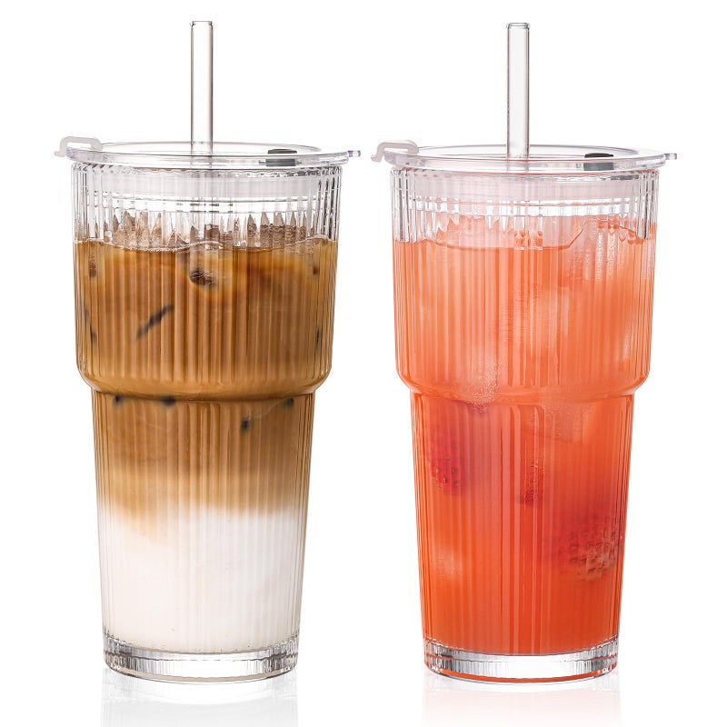 GOSCHE 20oz Ribbed Glass Tumbler with Straw and Lid, Clear Iced Coffee Cups Vintage Glassware, Glass Cups with Lids and Straws for Smoothie Water Tea Juice, Clear, 2 Pack - Image 1