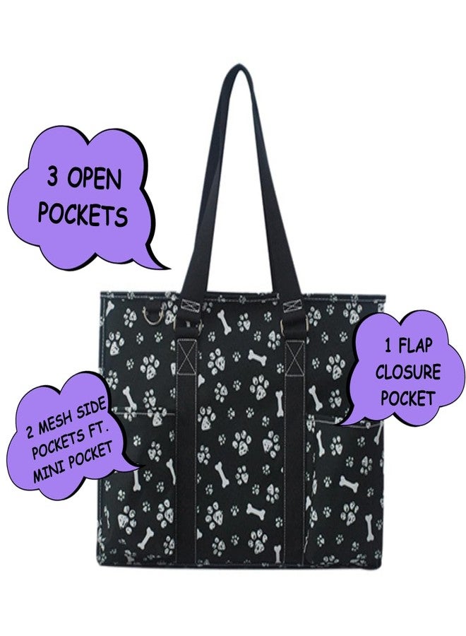 NGIL Zip-Top Tote Bag with Exterior Pockets for Working Women, Nurses, and Moms, Design in USA (Printed Paws-Black) - Image 2