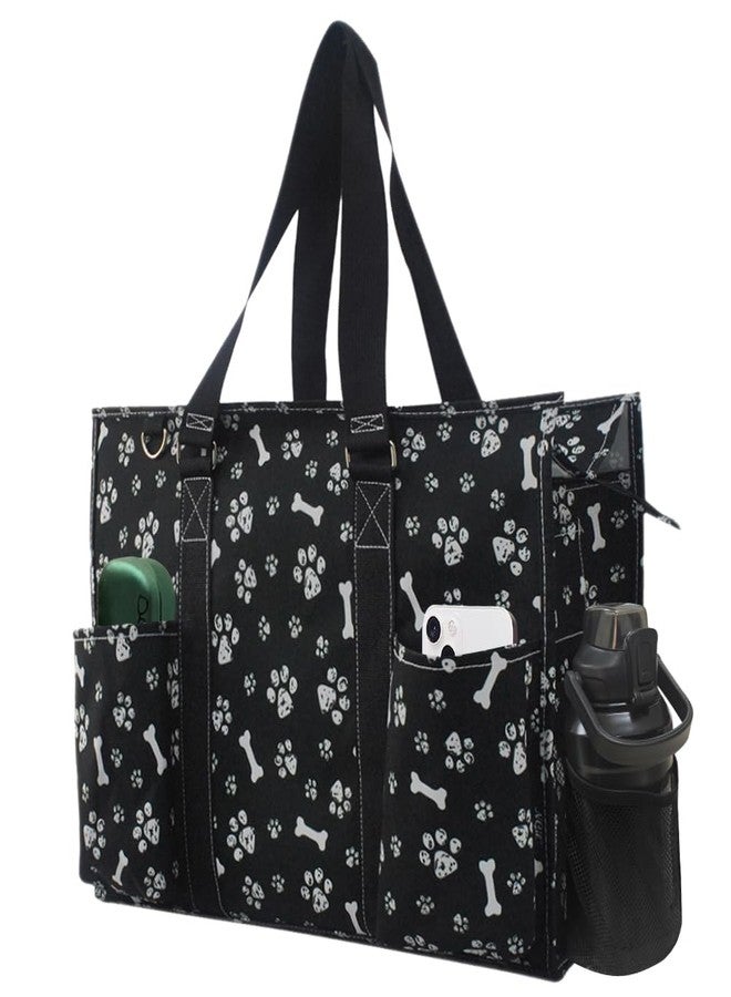 NGIL Zip-Top Tote Bag with Exterior Pockets for Working Women, Nurses, and Moms, Design in USA (Printed Paws-Black) - Image 1