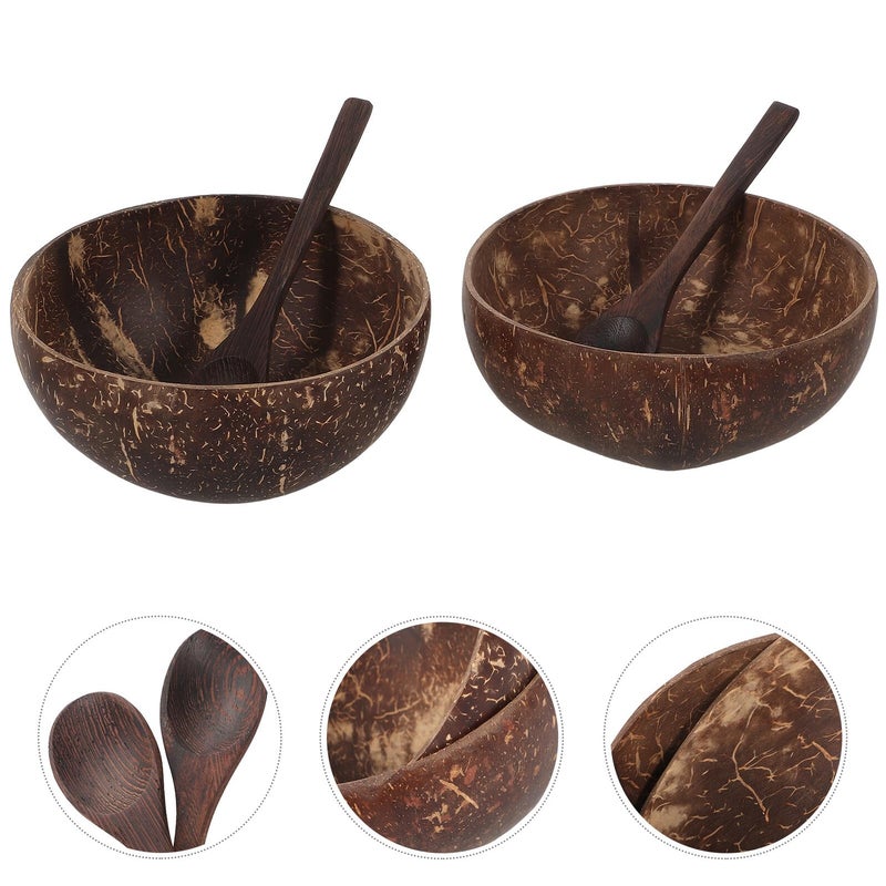 Natural Coconut Shell Bowls Set With 2 Acacia Wood Spoons Eco Friendly Tableware - Image 5