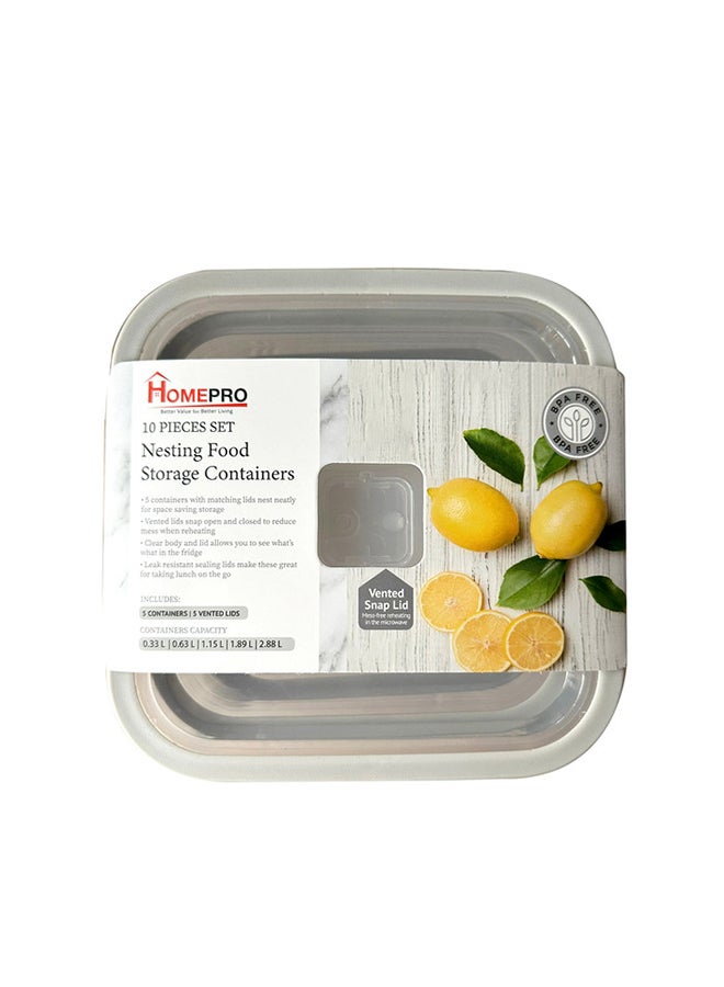 Home Pro 10pcs Set Square Food Container 0.33L | 0.63L | 1.15L | 1.89L | 2.88L | White - Image 2