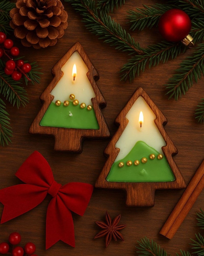 CHRONIKLE Christmas Set of 2 White & Green Tree Wooden Scented Candle | Christmas Spice & Pine Forest Fragrance | Premium Soy Wax Candle Gift Set - Image 5