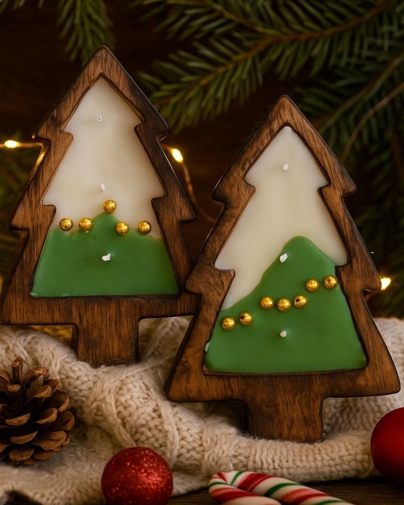 CHRONIKLE Christmas Set of 2 White & Green Tree Wooden Scented Candle | Christmas Spice & Pine Forest Fragrance | Premium Soy Wax Candle Gift Set - Image 2
