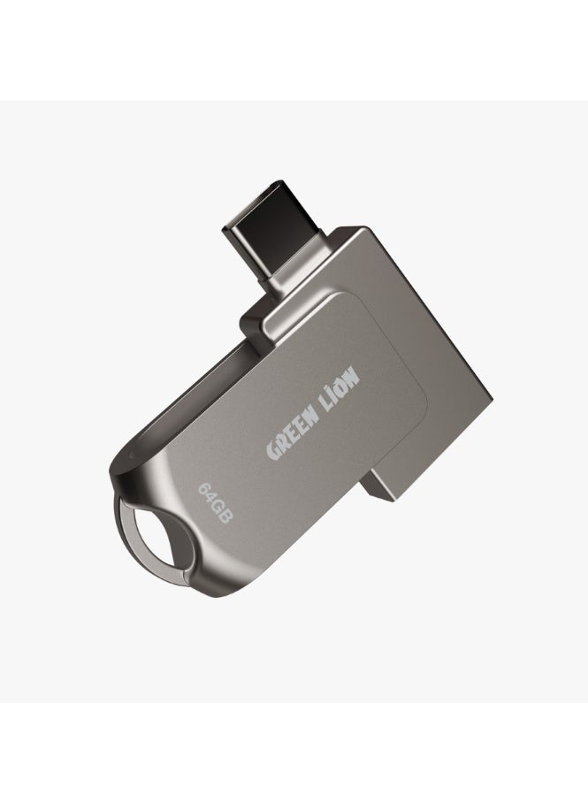 GREEN LION 2-in-1 OTG USB-C Flash Drive 64GB Storage / High-Speed 100MBps Read / 40MBps Write / Dual Connector Type-C & USB-A / 360° Swivel Design / Zinc Alloy / Wide Compatibility for iOS, Android & Windows / Plug & Play - Silver - Image 1