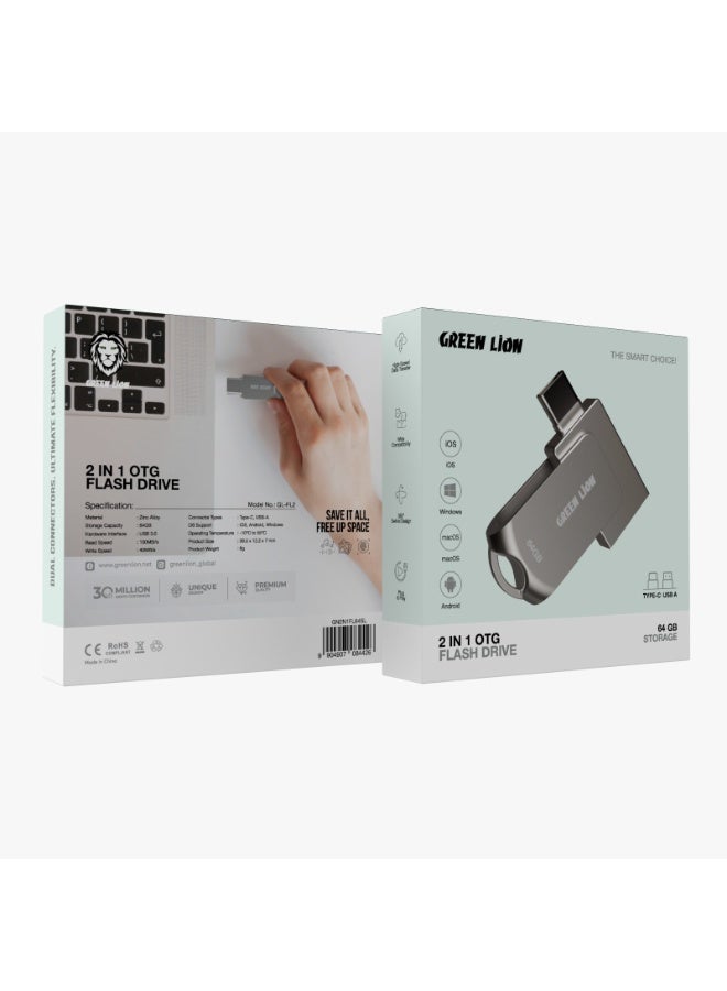 GREEN LION 2-in-1 OTG USB-C Flash Drive 64GB Storage / High-Speed 100MBps Read / 40MBps Write / Dual Connector Type-C & USB-A / 360° Swivel Design / Zinc Alloy / Wide Compatibility for iOS, Android & Windows / Plug & Play - Silver - Image 3