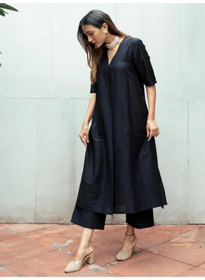 trueBrowns Black Dupion Silk Kurta Pant Set