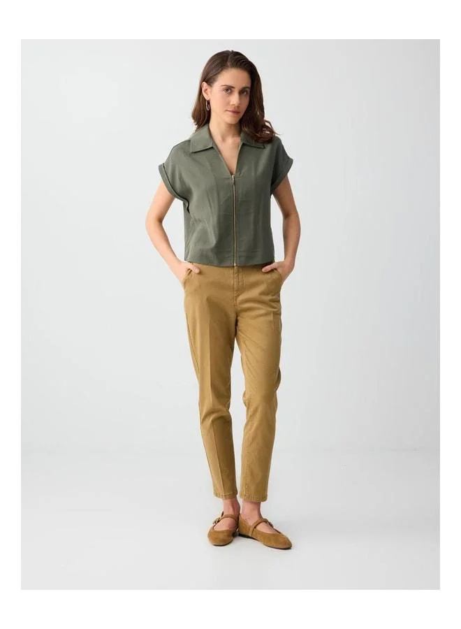 Jimmy Key Ada Creek Green Polo Collar Zip Detail Woven Blouse.