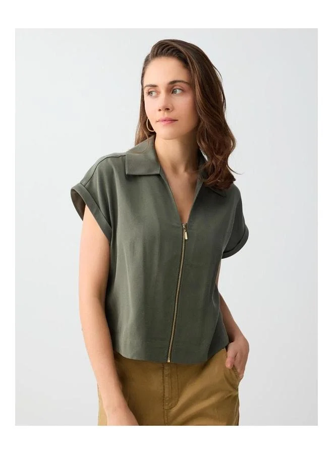 Jimmy Key Ada Creek Green Polo Collar Zip Detail Woven Blouse.