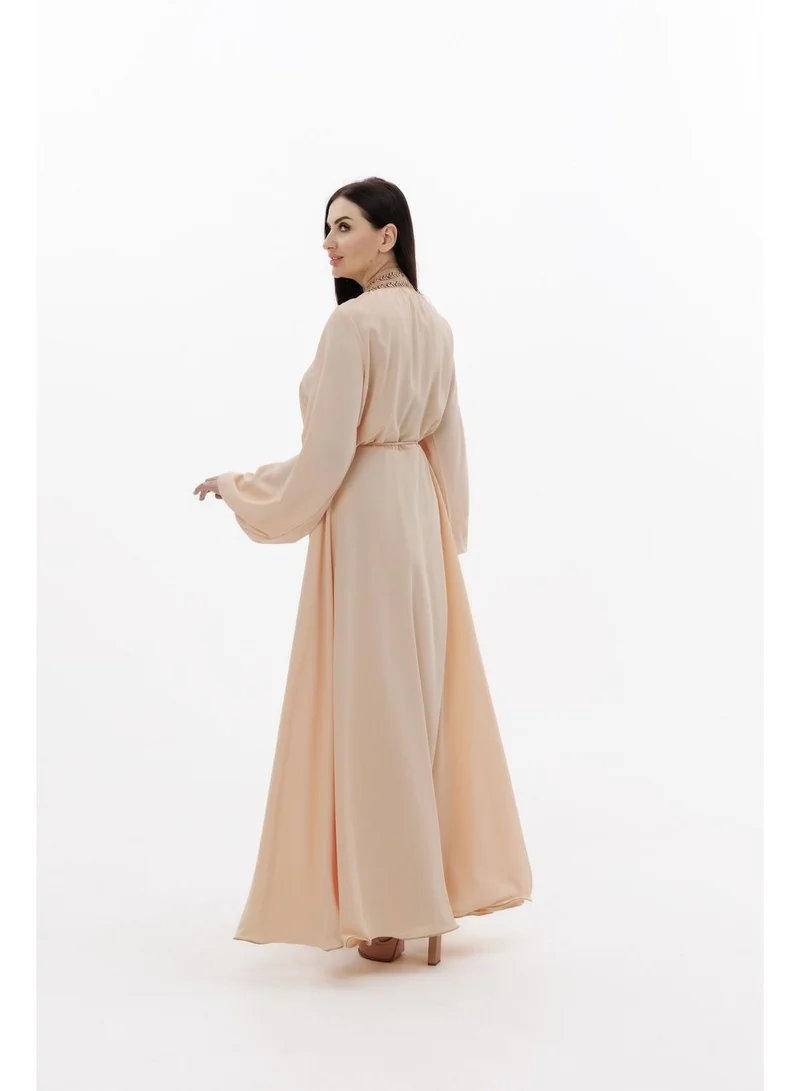 هانا آند سارا SOLID PEACH COLOUR POLYESTER WITH THIN BELT ARABIC JALABIYA DRESS