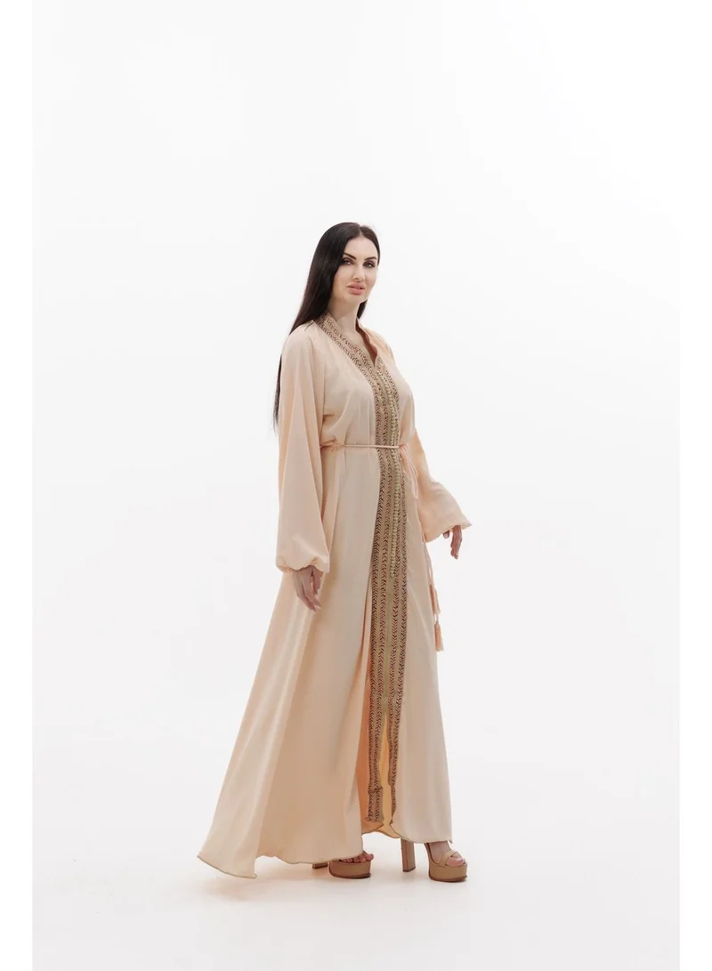 هانا آند سارا SOLID PEACH COLOUR POLYESTER WITH THIN BELT ARABIC JALABIYA DRESS
