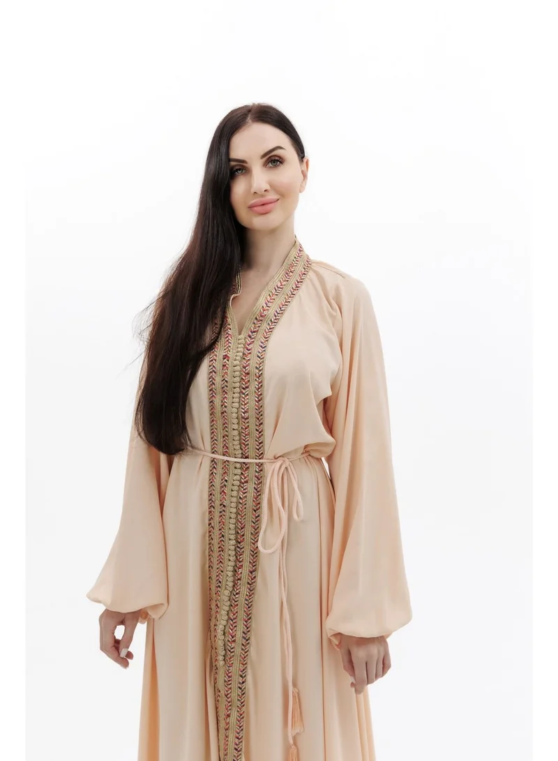 هانا آند سارا SOLID PEACH COLOUR POLYESTER WITH THIN BELT ARABIC JALABIYA DRESS
