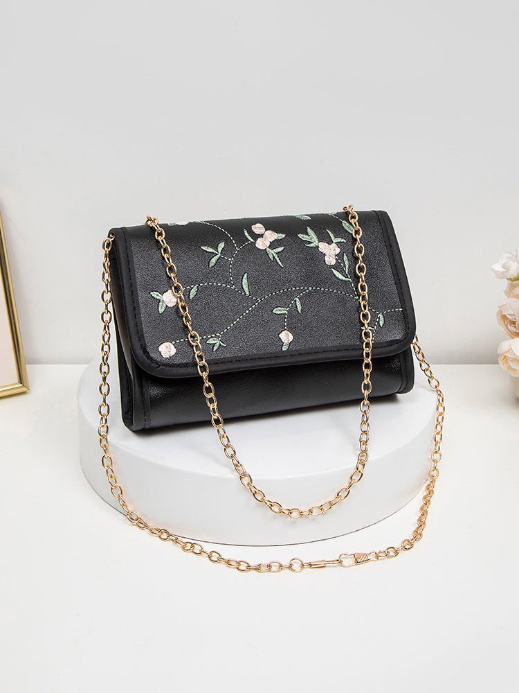 Sweet Flower Embroidered Small Square Bag Simple Fashion All-Match Women'S Chain Crossbody Bag Shoulder Bag Fresh Mobile Phone Bag - Image 1