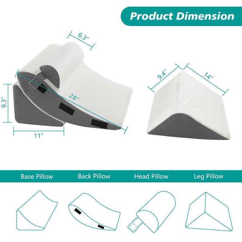 Longering Orthopedic Bed Wedge Pillow Set for Sleeping 4 PCS - Adjustable Triangle Pillow for Neck Leg Support with Washable Cover - 35D Foam Wedge Pillow Post Surgery for GERD & Snoring (White Grey) - Image 5