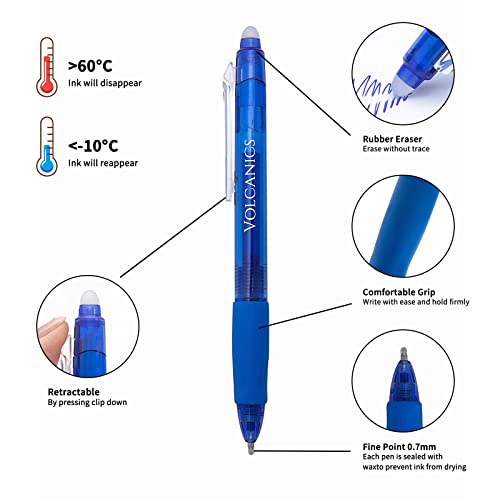 Volcanics Retractable Clicker Erasable Gel Pens - 0.7mm Ball Point, Heat Erase with Built-in Eraser, 12 Pack Blue - Image 2